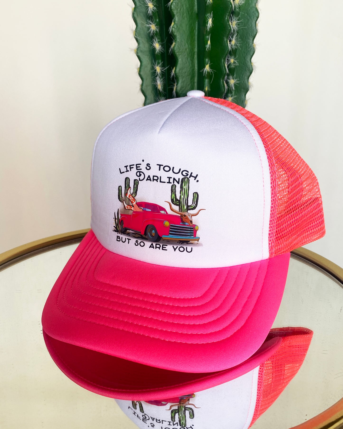 Life's Tough Trucker Hat by Ali Dee - Bright Pink & White