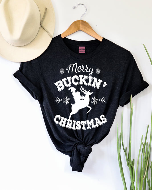 Merry Buckin Christmas Western Graphic Tee - Heather Black