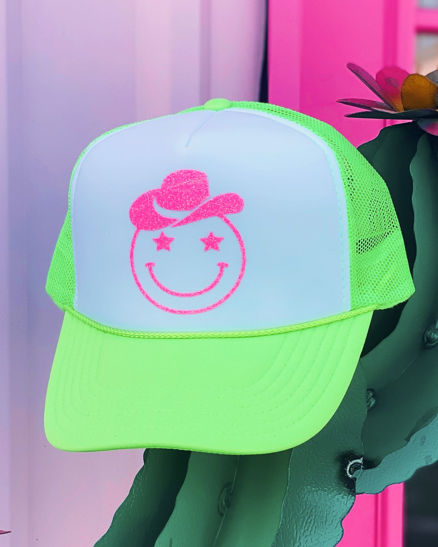 Howdy Smiley Glitter Trucker Hat - Neon Green