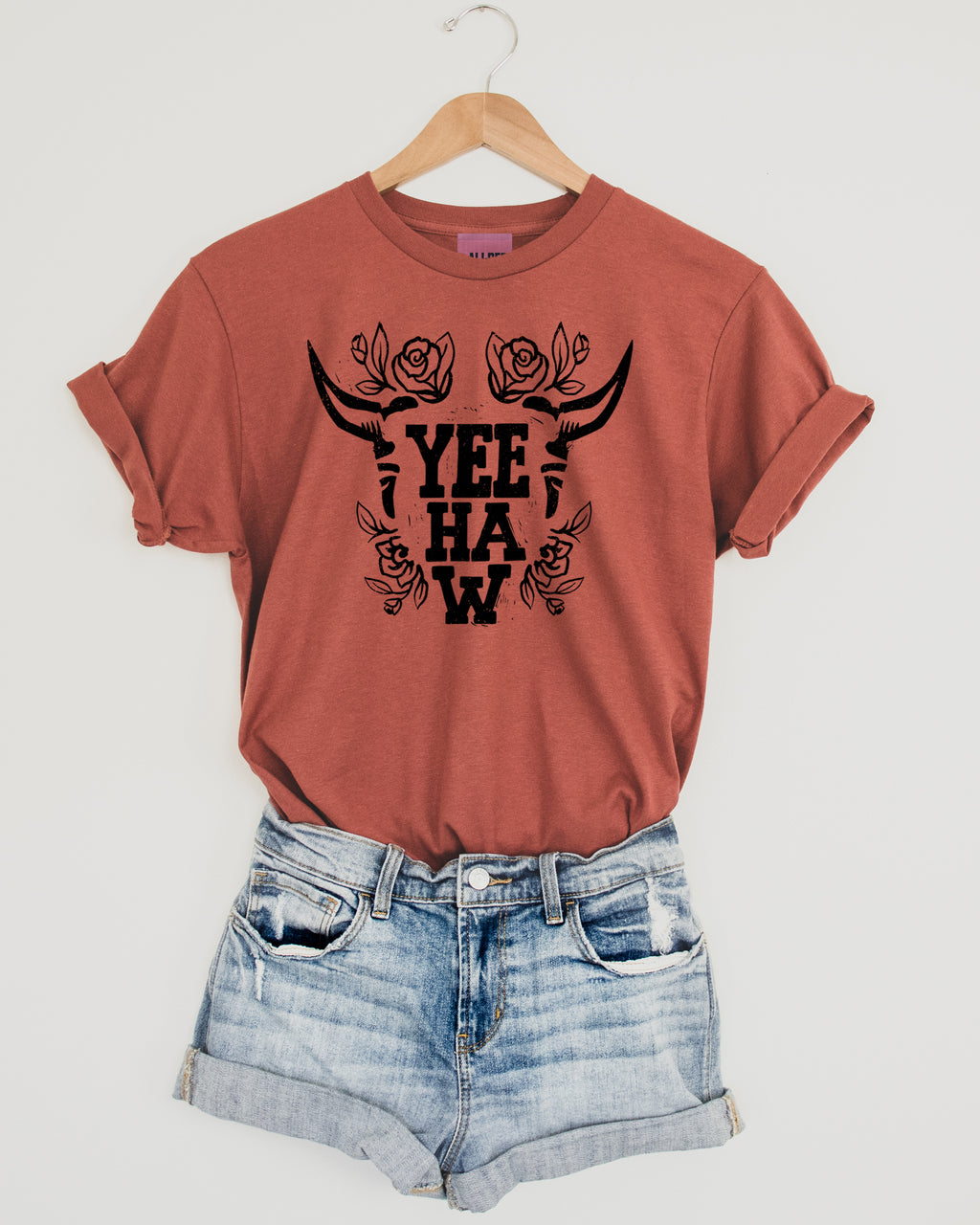 Yee Haw Cow Skull Tee - Terracotta