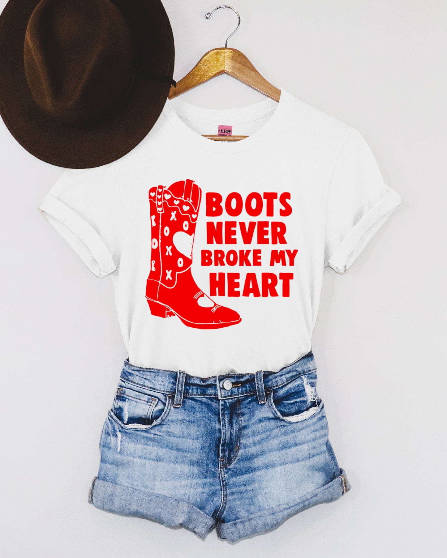 Boots Never Broke My Heart Western Valentines Graphic Tee - White