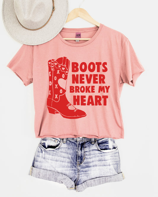 Boots Never Broke My Heart Western Valentines Cropped Graphic Tee - Peachy Pink