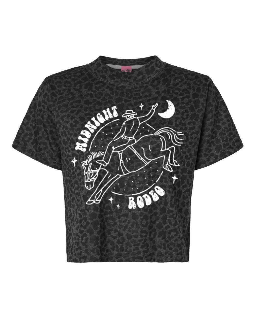 Midnight Rodeo Western Graphic Modern Crop Tee - Black Leopard