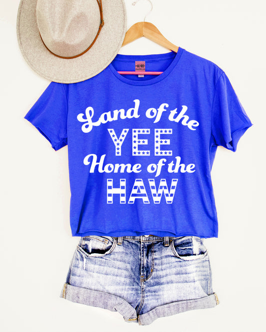 Land of the Yee Home of the Haw Western Graphic Crop Tee - Heather Royal