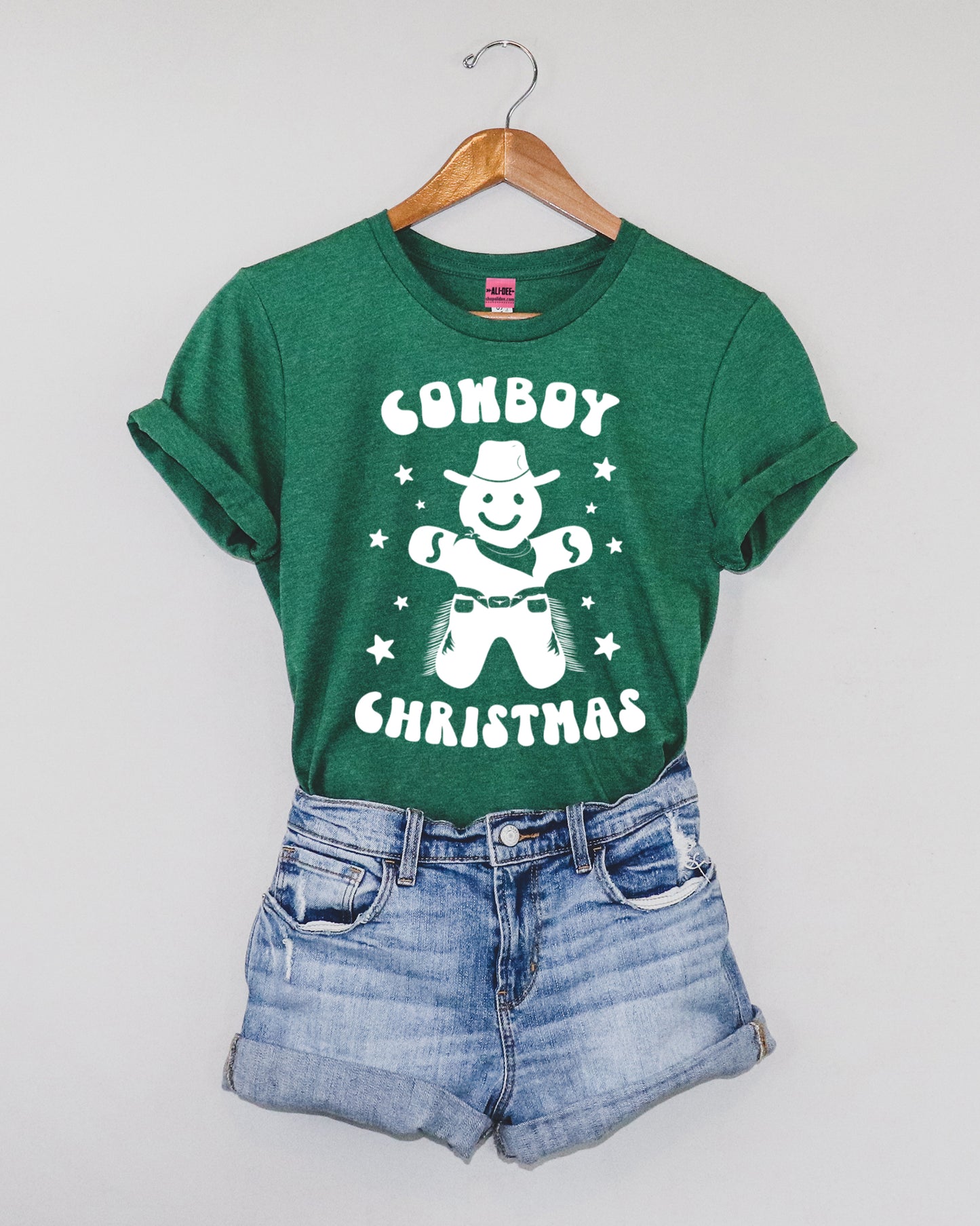 Cowboy Christmas Western Christmas Graphic Tee - Heather Grass Green