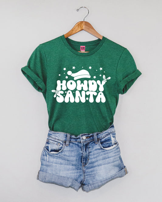 Howdy Santa Western Christmas Graphic Tee - Heather Grass Green