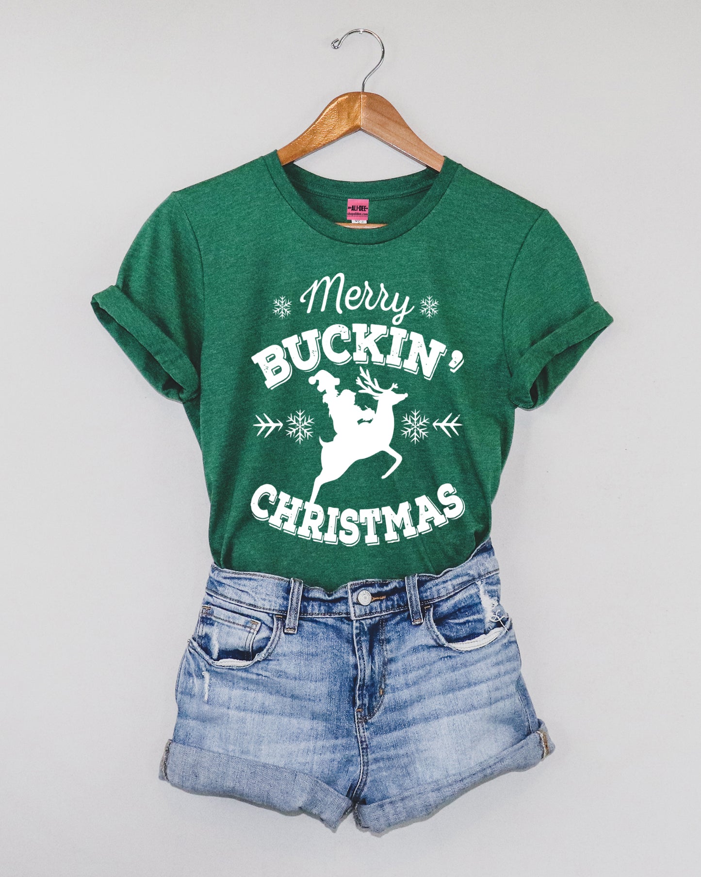 Merry Buckin Christmas Western Christmas Graphic Tee - Heather Grass Green