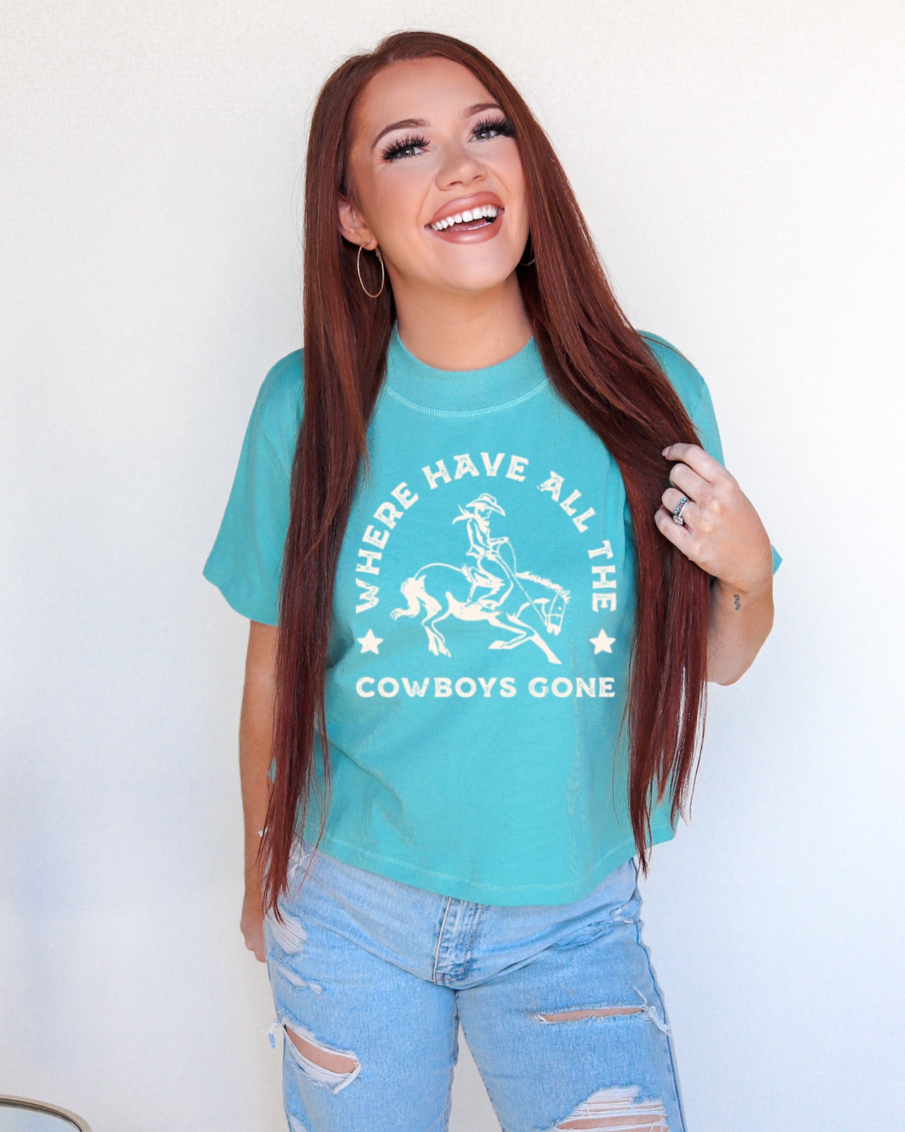 Where Have All The Cowboys Gone Western Graphic Modern Crop Tee - Saltwater