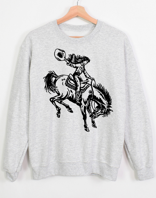 Buckin Cowgirl Pullover Sweatshirt - Ash Grey