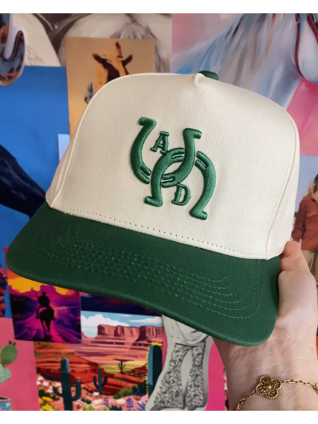 AD Signature Horseshoe Snapback Hat - Cream & Forest Green