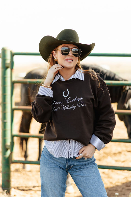 Loves Cowboys and Whiskey Too Sweatshirt - Brown
