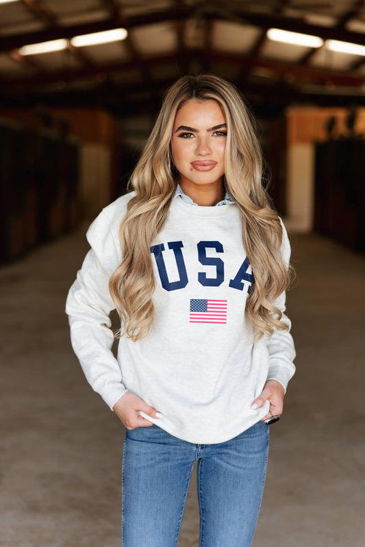 USA Flag Sweatshirt - Heather Oatmeal