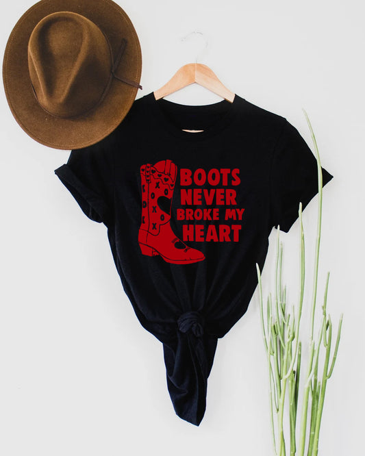 Boots Never Broke my Heart Western Valentines Graphic Tee - Black