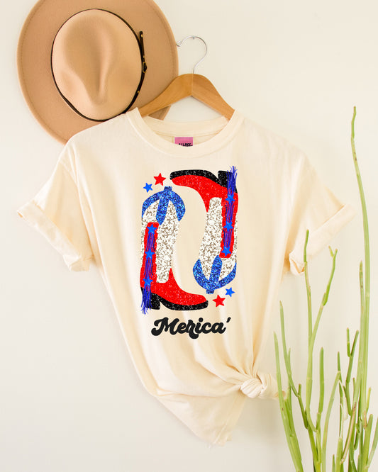 Americana Cowgirl Boots Western Graphic Tee - Vintage White