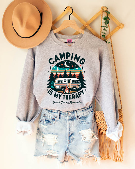 Camping is My Therapy Smoky Mountains Graphic Sweatshirt - Grey
