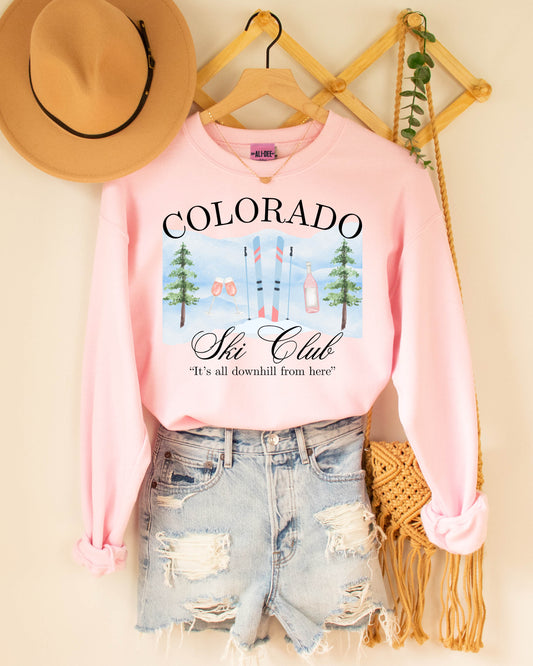 Colorado Ski Club - It's all downhill from here - Graphic Sweatshirt - Pink