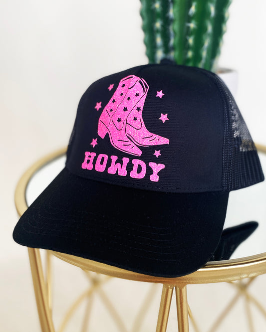 Howdy Boots Glitter Trucker Hat by Ali Dee - Black