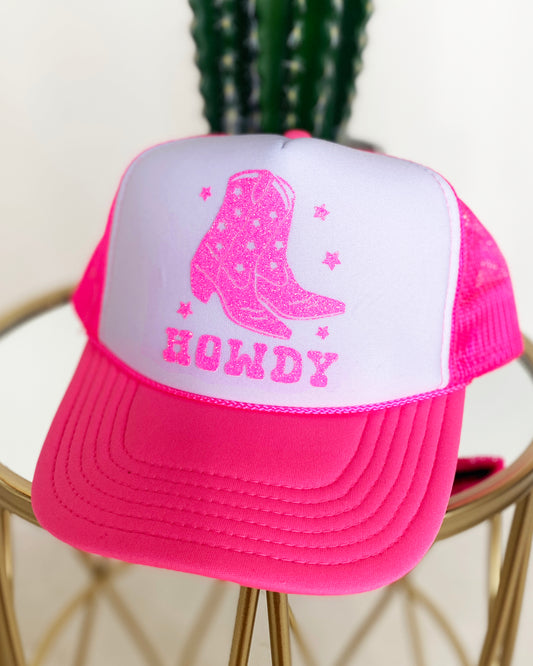 Howdy Boots Glitter Trucker Hat by Ali Dee - Pink and White