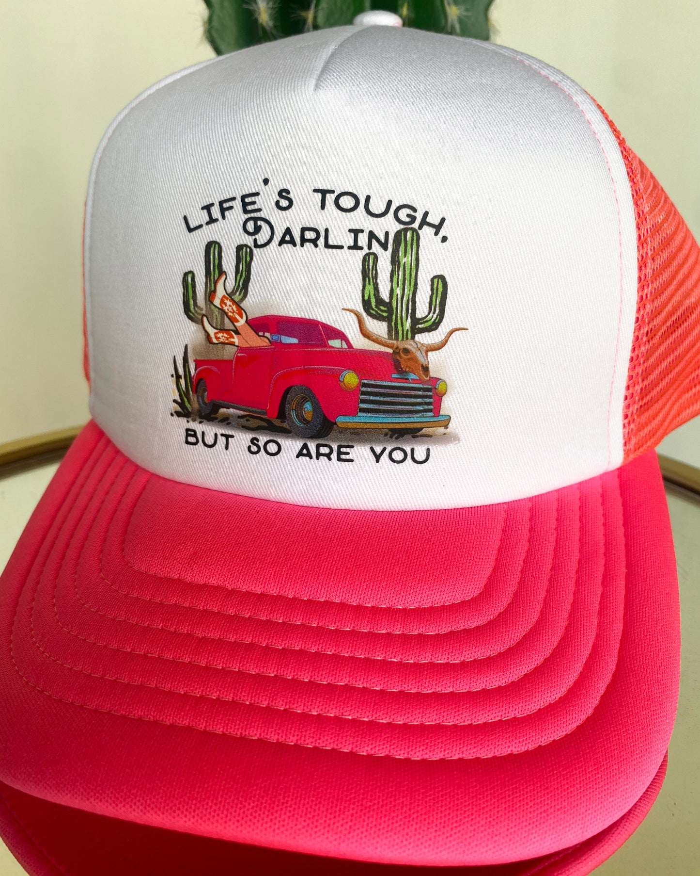 Life's Tough Trucker Hat by Ali Dee - Bright Pink & White