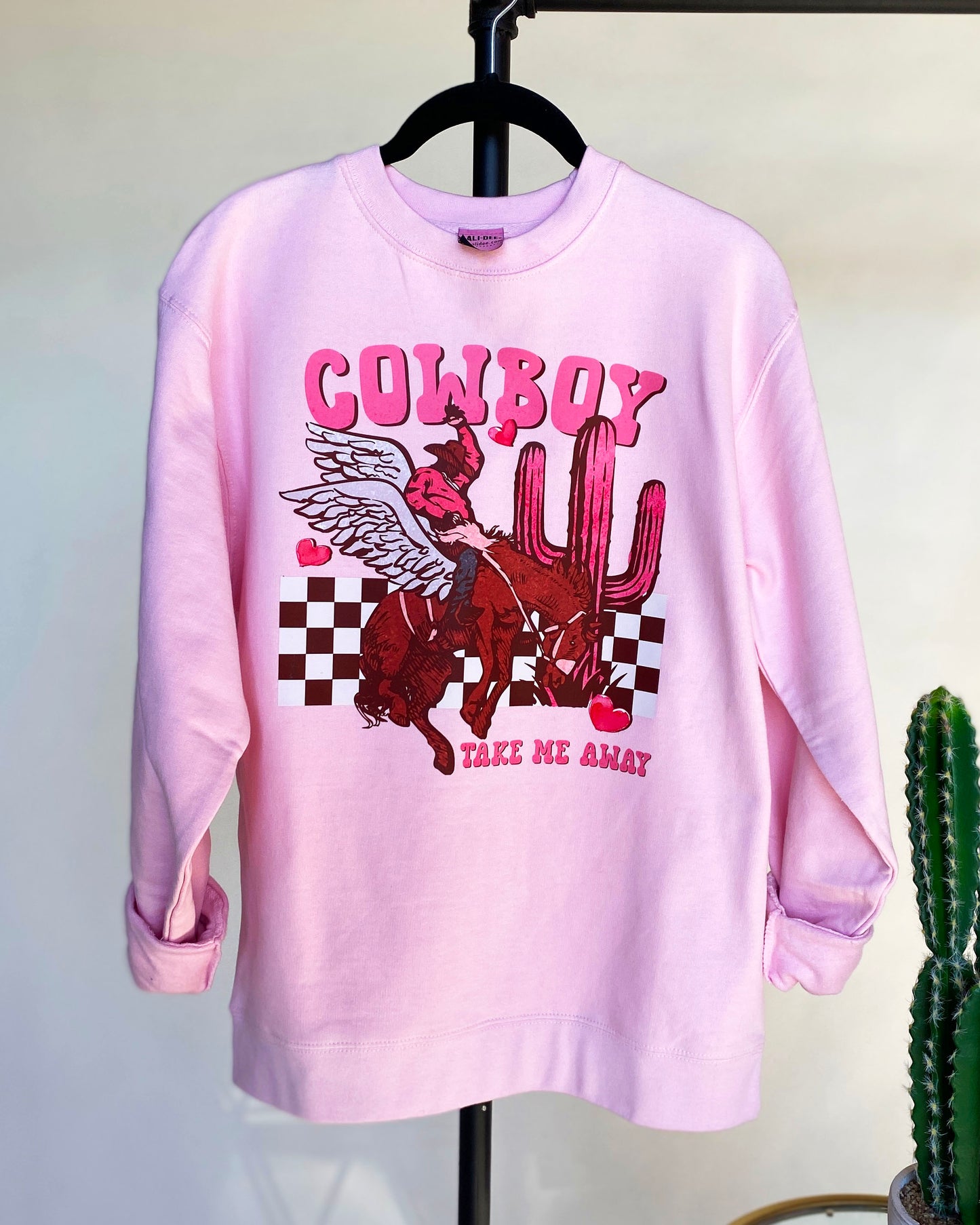 Cowboy Take Me Away Valentines Day Graphic Sweatshirt - Pink