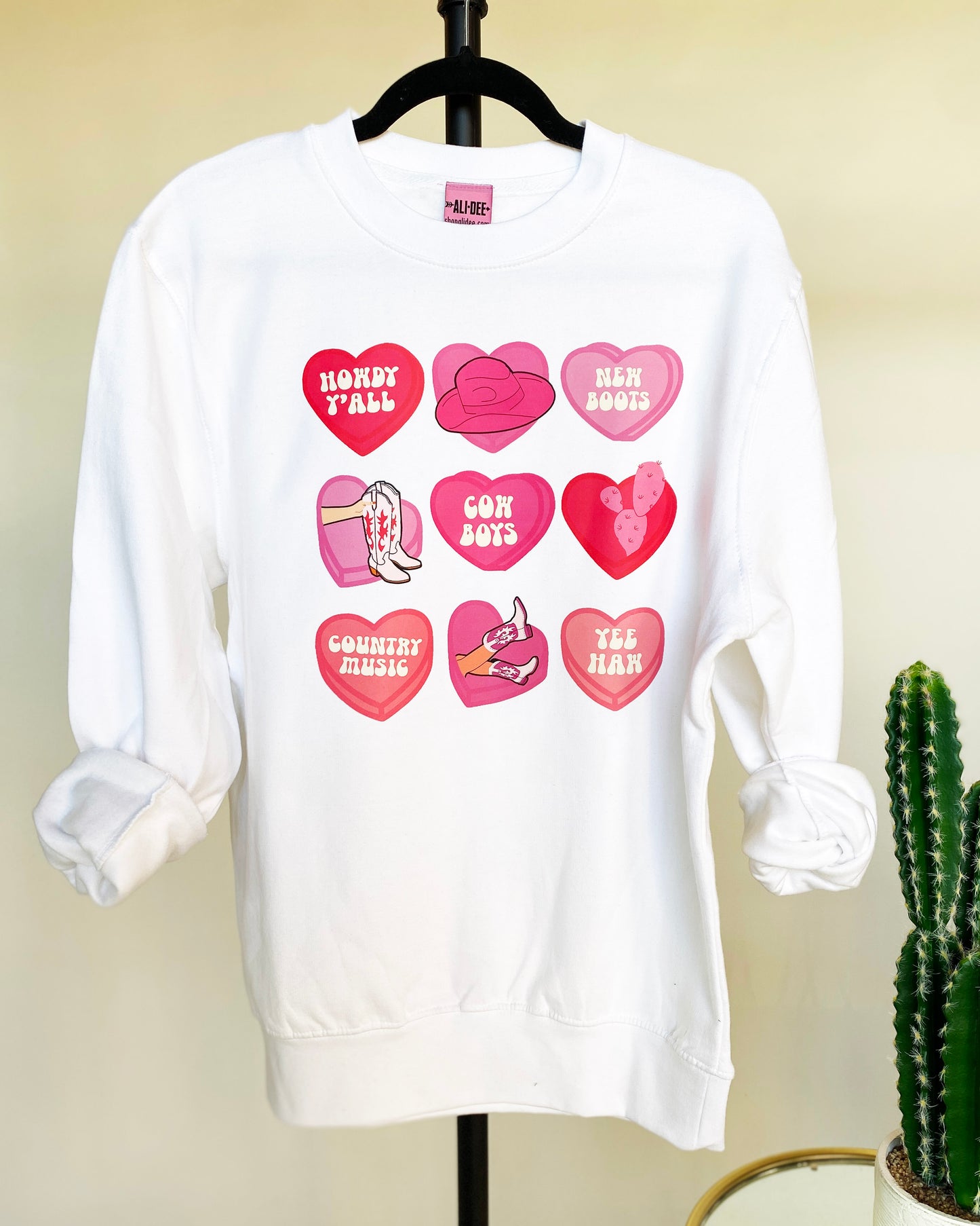 Cowgirl Candy Hearts Valentines Day Graphic Sweatshirt - White