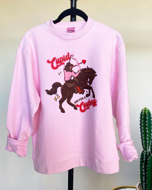 Cupid Aim for A Cowboy Valentines Day Graphic Sweatshirt - Pink