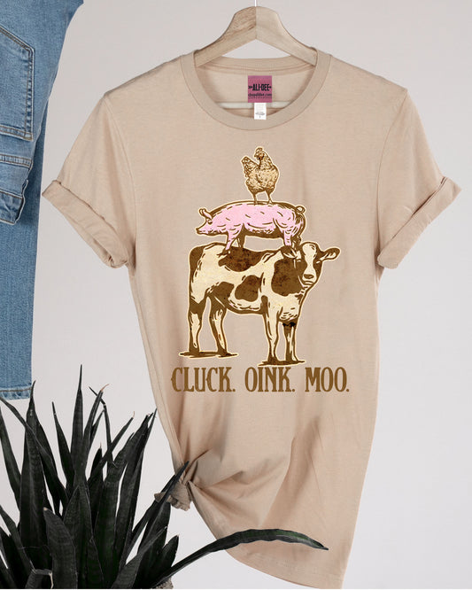 Cluck Oink Moo Western Graphic Tee - Heather Tan