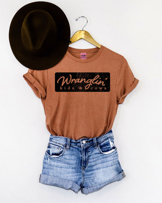 Wranglin' Kids & Cows Western Graphic Tee - Heather Autumn