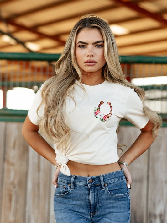 Flower Horseshoe Western T-Shirt - Oatmeal
