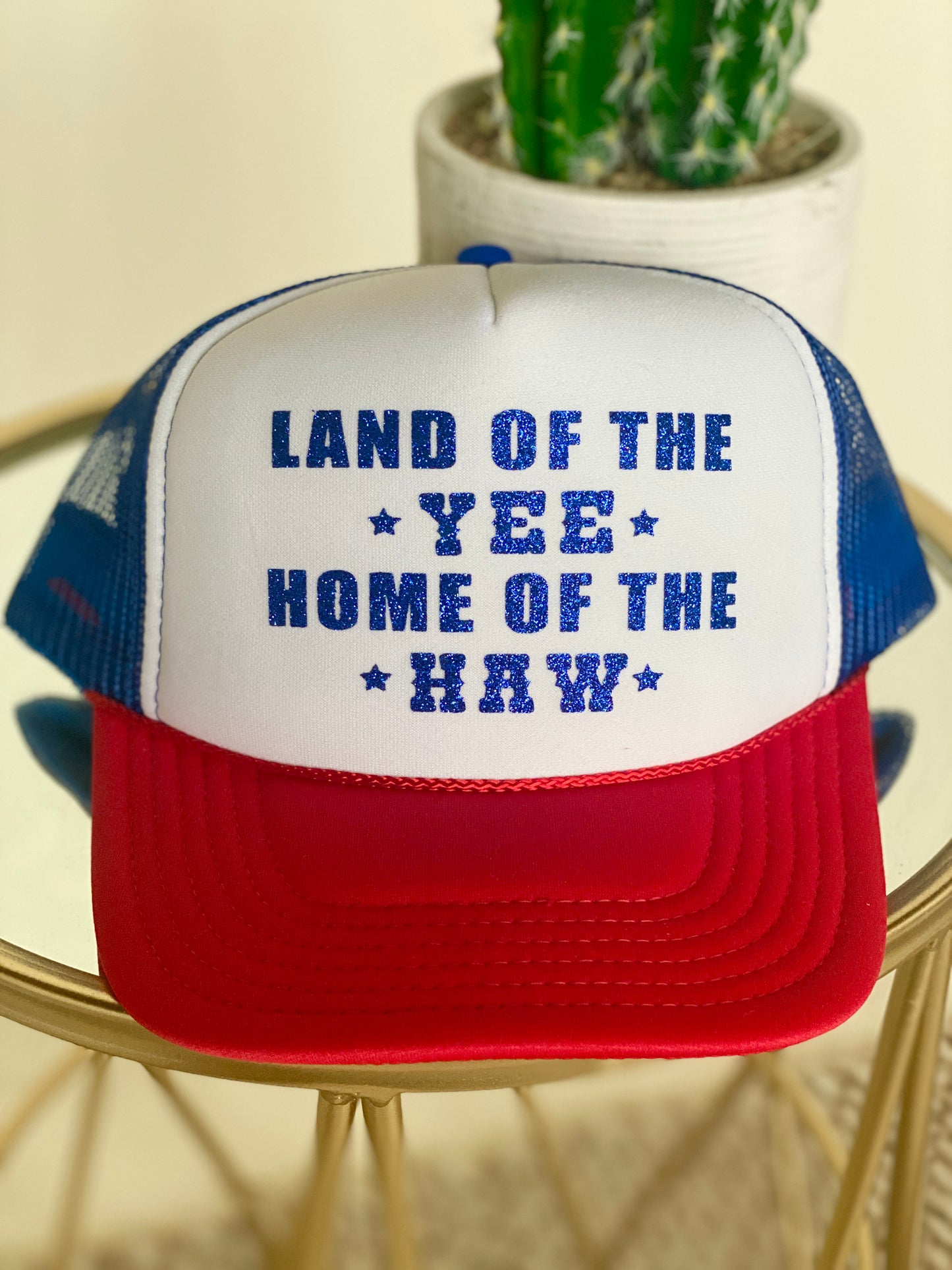 Land of the Yee Home of the Haw Glitter Trucker Hat - Red White Blue