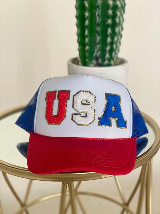 USA Chenille Patch Trucker Hat - Red White Blue