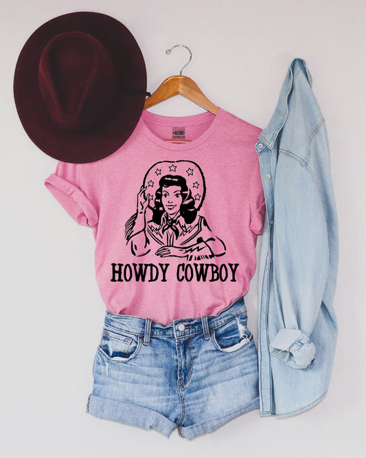 Howdy Cowboy Tee - Heather Bubblegum