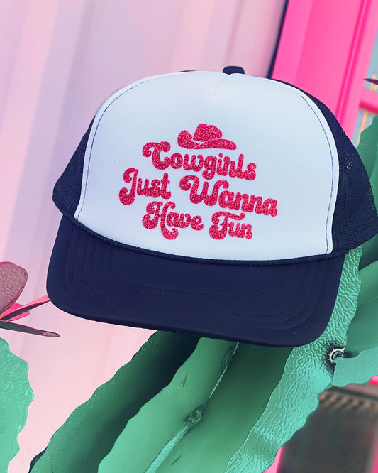 Cowgirls Just Wanna Have Fun Glitter Trucker Hat