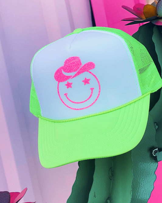 Howdy Smiley Glitter Trucker Hat - Neon Green