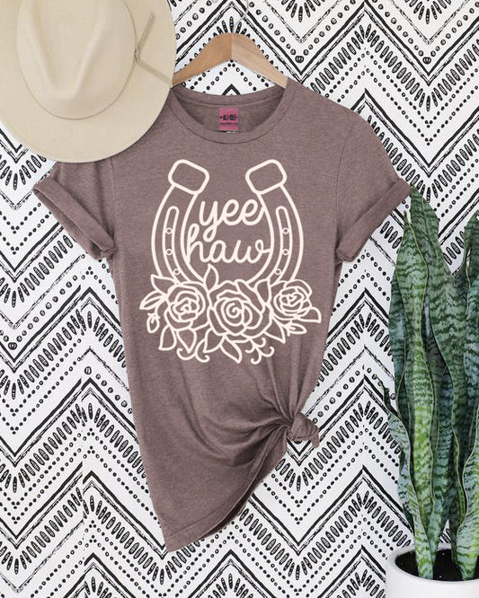 Yee Haw Horseshoe Tee - Heather Brown