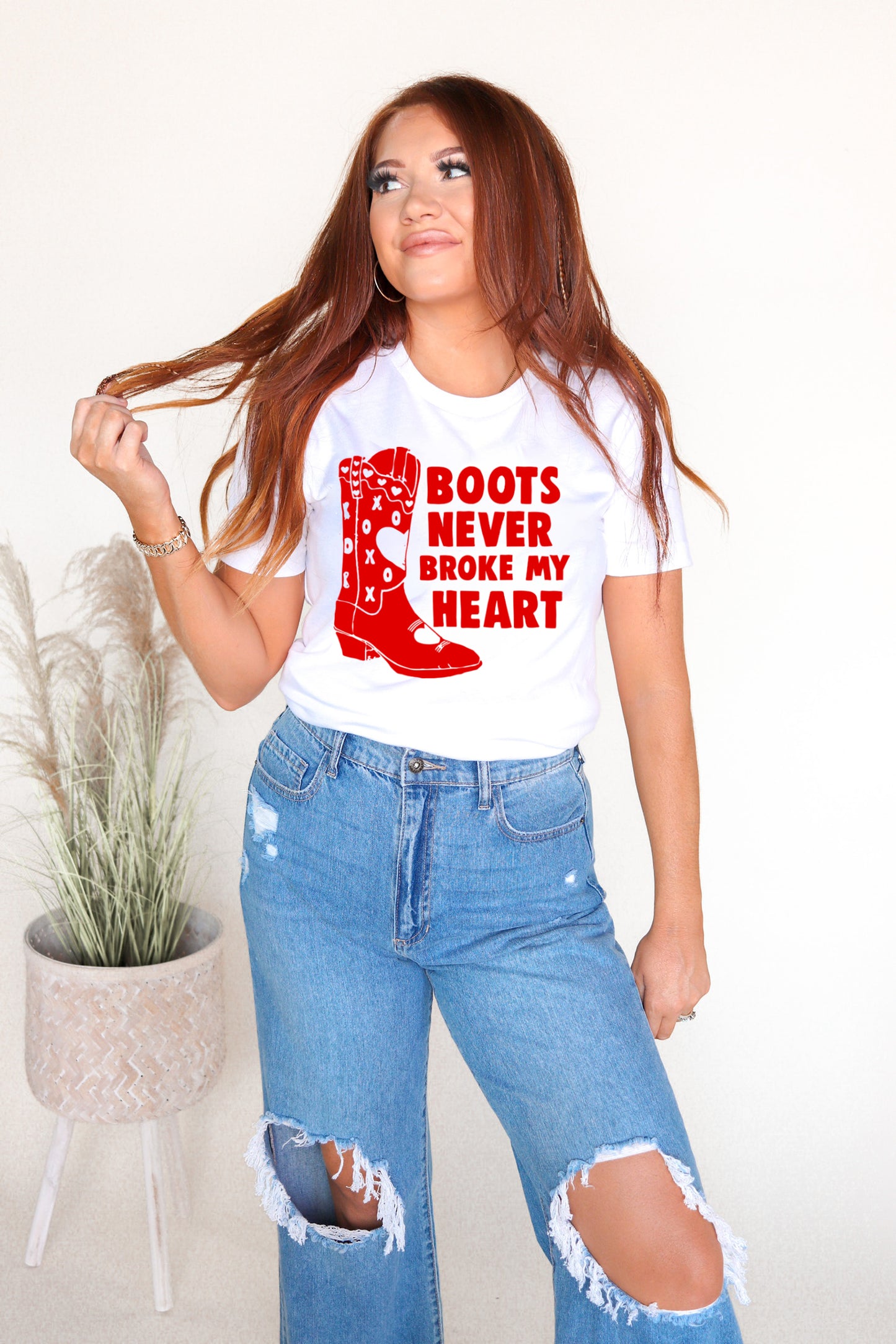 Boots Never Broke My Heart Western Valentines Graphic Tee - White