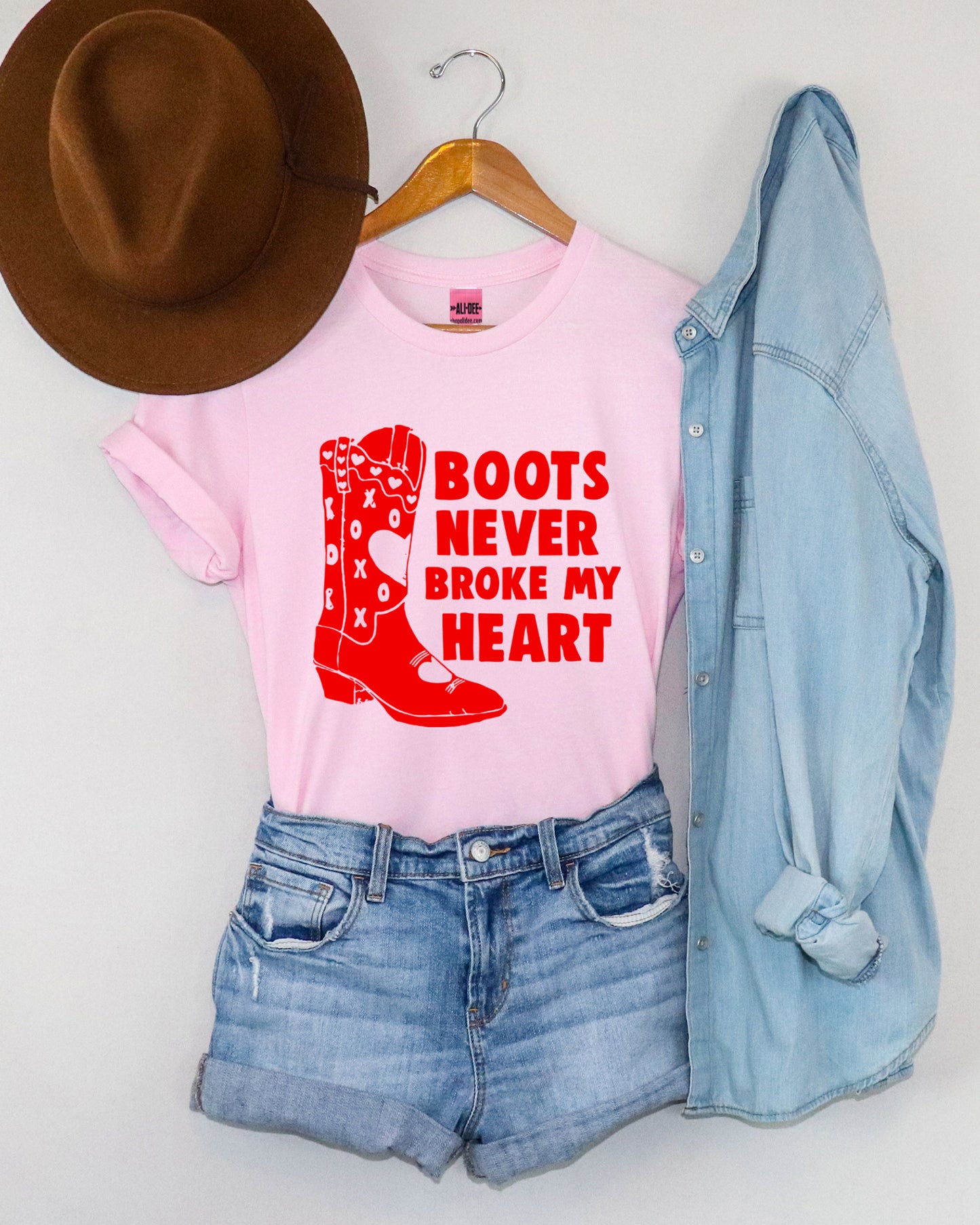 Boots Never Broke My Heart Western Valentines Graphic Tee - Pink