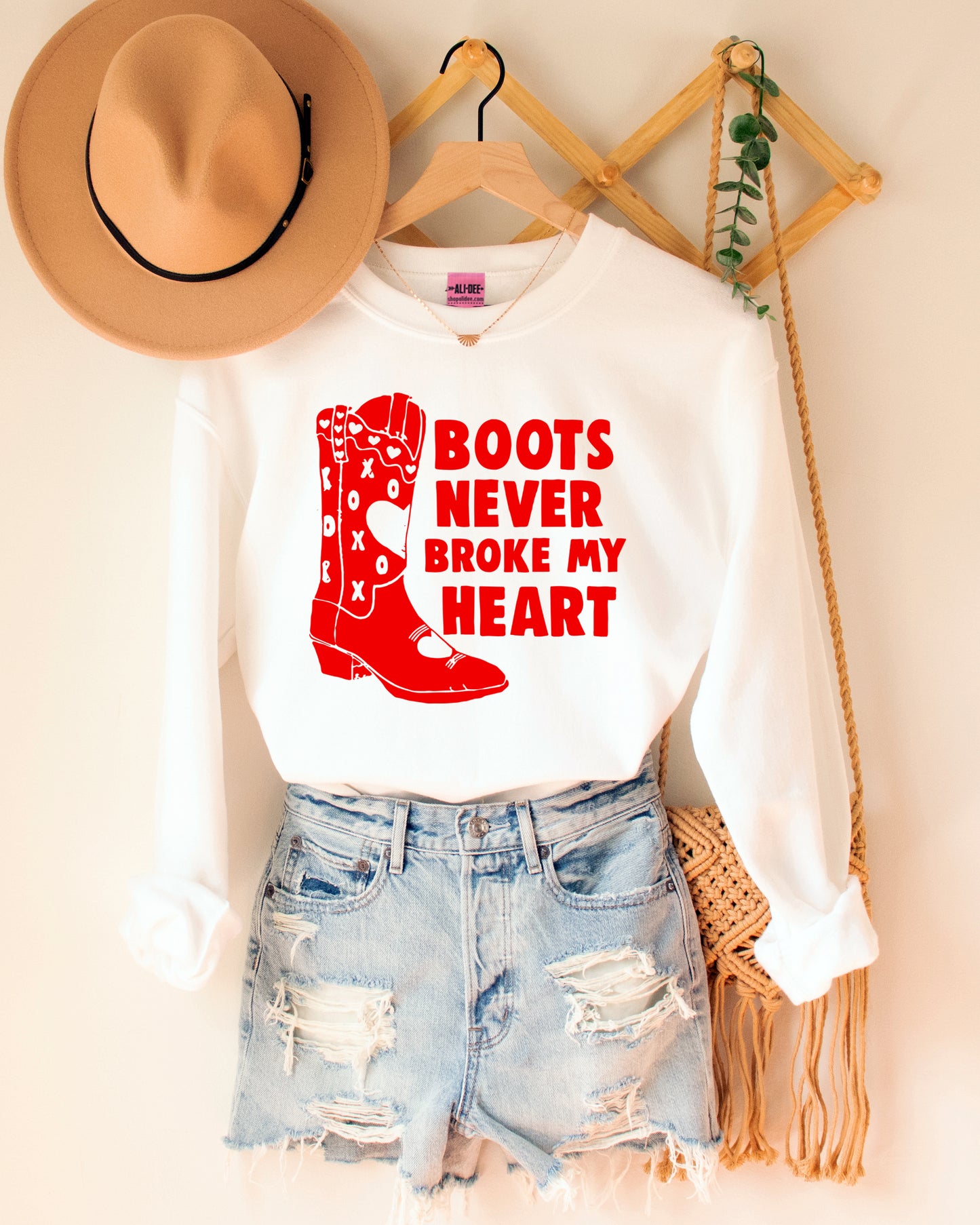 Boots Never Broke My Heart Western Valentines Sweatshirt - White