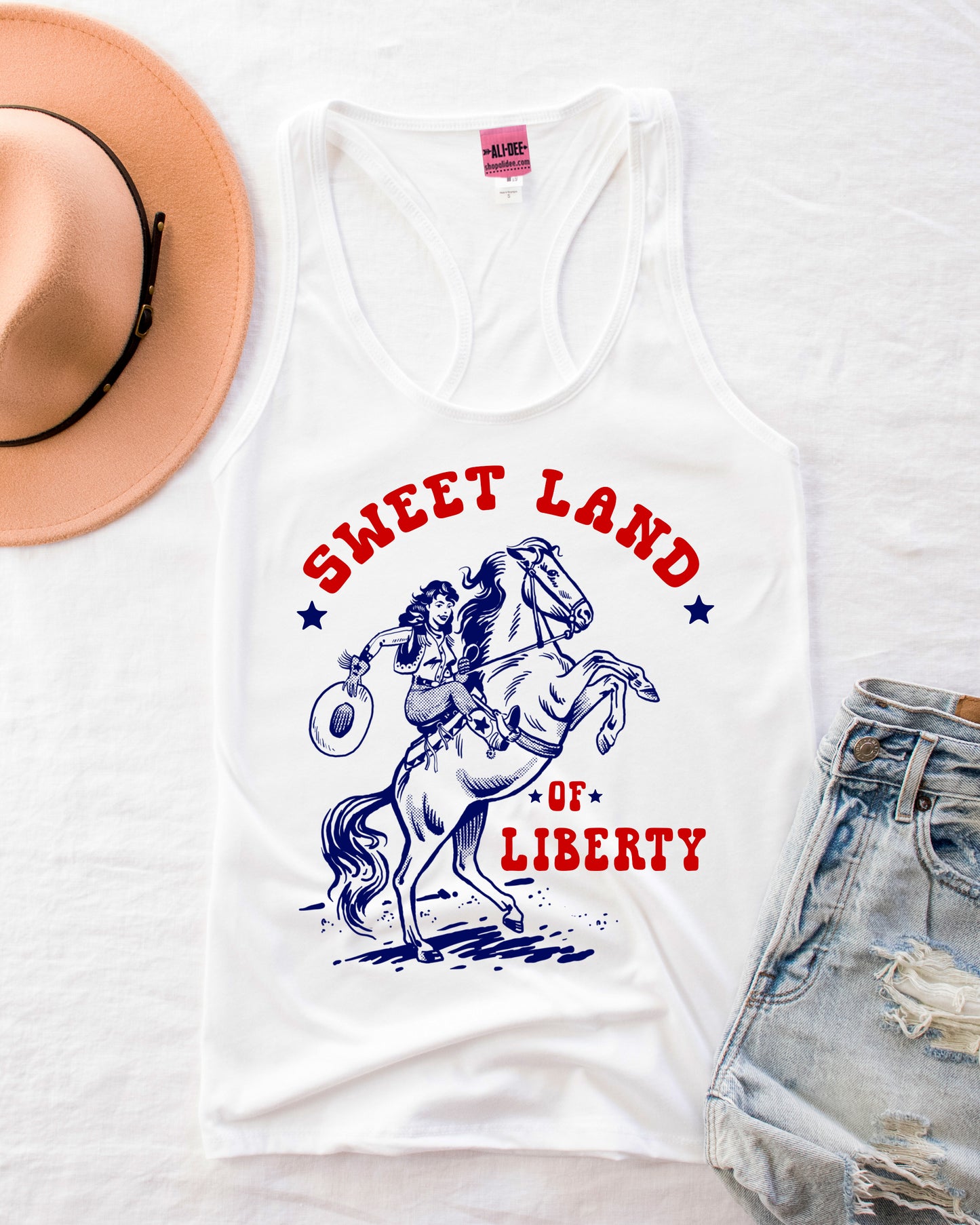 Sweet Land of Liberty Western Graphic Tank - White