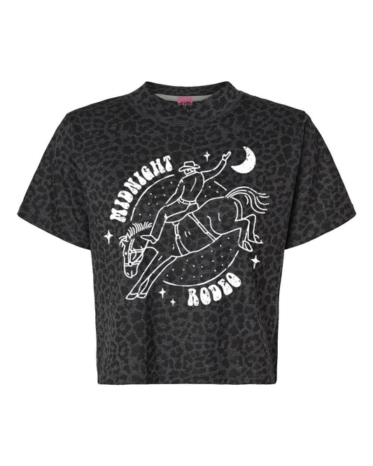 Midnight Rodeo Western Graphic Modern Crop Tee - Black Leopard