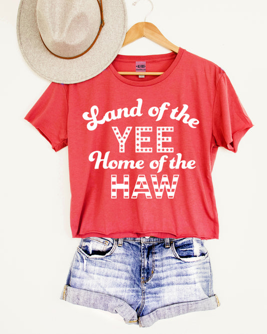 Land of the Yee Home of the Haw Western Graphic Crop Tee - Heather Red