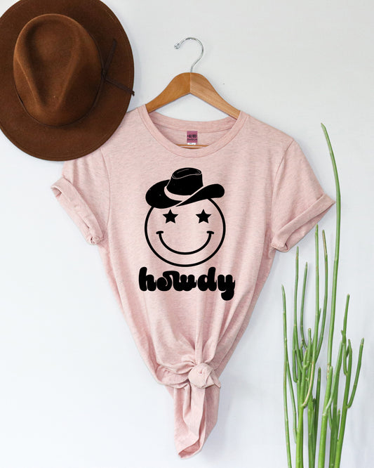 Howdy Smiley Tee- Heather Peach