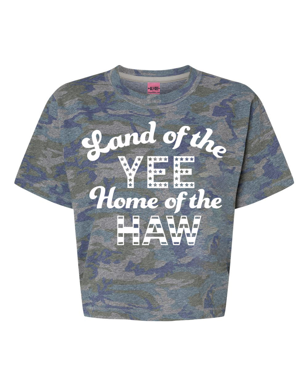 Land of the Yee Home of the Haw Western Graphic Modern Crop Tee - Vintage Camo