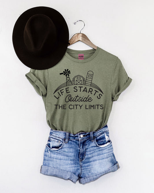 Life Starts Outside the City Limits Graphic Tee - Heather Military Green