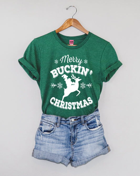 Merry Buckin Christmas Western Christmas Graphic Tee - Heather Grass Green