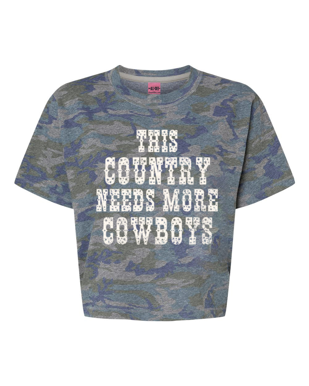 This Country Needs More Cowboys Western Graphic Modern Crop Tee - Vintage Camo