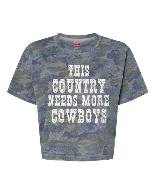 This Country Needs More Cowboys Western Graphic Modern Crop Tee - Vintage Camo