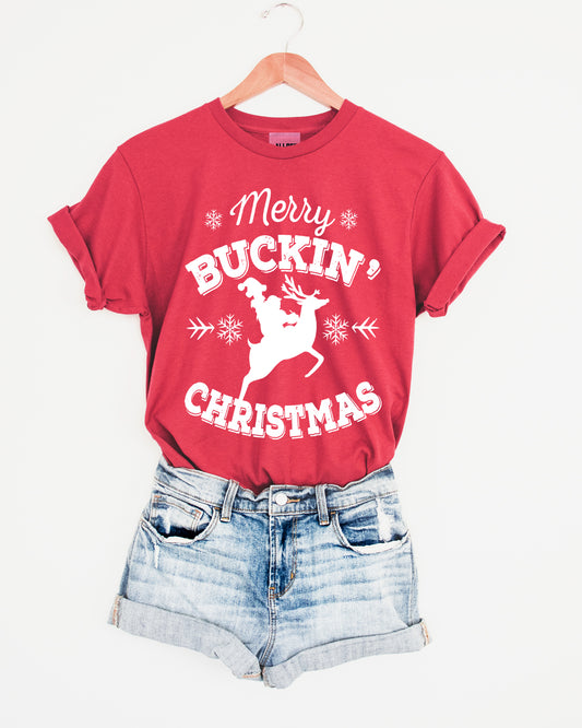 Merry Buckin Christmas Western Christmas Graphic Tee - Heather Red