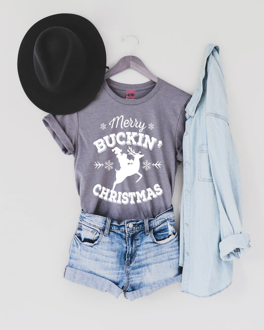 Merry Buckin Christmas Western Christmas Graphic Tee - Heather Storm