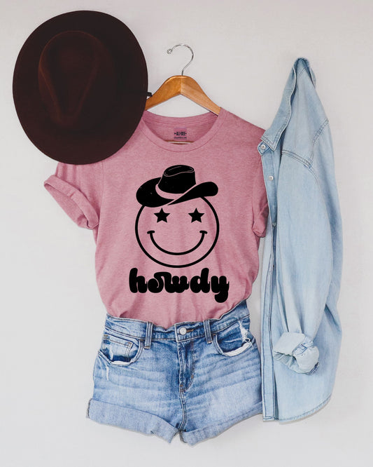 Howdy Smiley Tee- Plum Rose